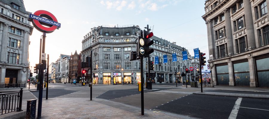 Empty London. Oxford Circus with no traffic or pedestrians.