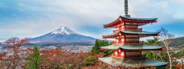 Mount Fuji and Chureito Pagoda at sunrise in autumn, Japan.