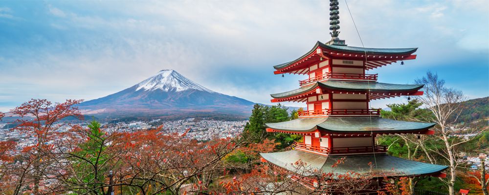 Mount Fuji and Chureito Pagoda at sunrise in autumn, Japan.